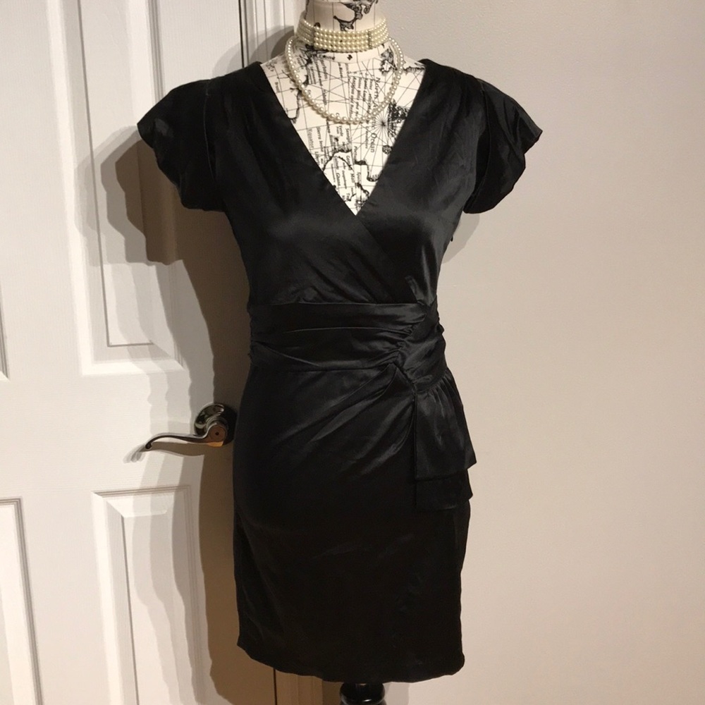 Mieko Mellucci Satin Vintage y2k LBD Ruched Wrap Bodice Pencil Draped cap sleeve